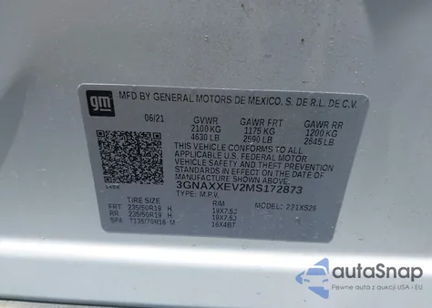 2021 Chevrolet Equinox Awd Premier из США, поврежденный, VIN 3GNAXXEV2MS172873